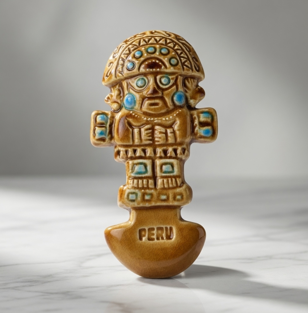 Peru Tumi Inca God Ceramic Glazed Fridge Magnet Gold Turquoise Souvenir VG
